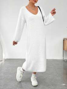 SHEIN EZwear 素色落肩袖絨毛針織毛衣洋裝 - 白色 - 查看 5