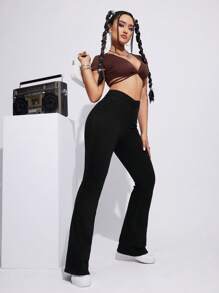 SHEIN EZwear 女款束腰喇叭牛仔褲 - 黑色 - 查看 5