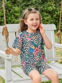 SHEIN 小女童1入組熱帶印花和豹紋印花T恤和1入組騎行褲 - 彩色 - 查看 6