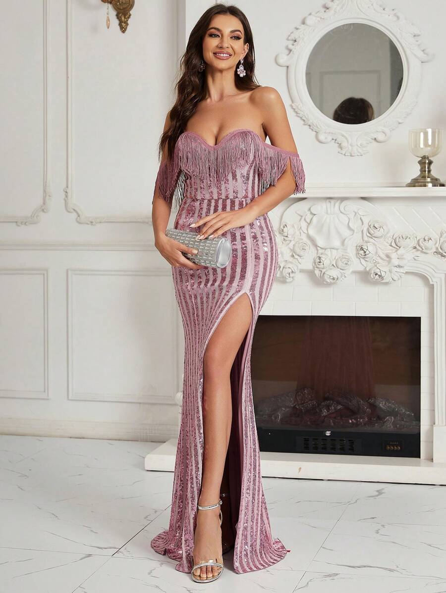 SHEIN Belle Off Shoulder Split Thigh Sequin Formal Dress - Pink - View 1