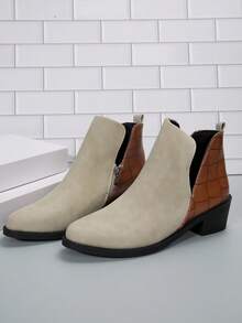 Autumn Multicolor Block Heel V-cut Pointed Toe Ankle Boots For Women - White - View 5