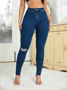 SHEIN Essnce 高腰破洞修身牛仔褲 - 中等水洗藍 - 查看 1