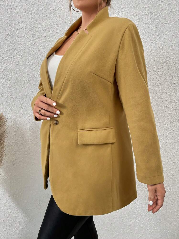 Flirla Abrigo informal de lana de unicolor de manga larga para mujer de talla grande, Otoño/Invierno - Caqui - Añade 4