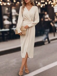 SHEIN Clasi Solid Twist Front Wrap Hem Dress - Apricot - View 2