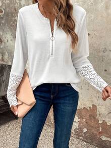 SHEIN LUNE Ren Nối Mặt trước Dây kéo Áo thun - trắng - Xem 6
