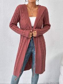 SHEIN Essnce Xoắn Dan áo có mũ Thắt lưng Áo len Mở - Gỗ đỏ - Xem 3