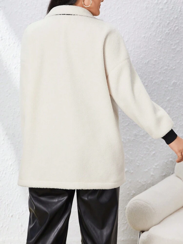 Plus Contrast Panel Drop Shoulder Teddy Coat