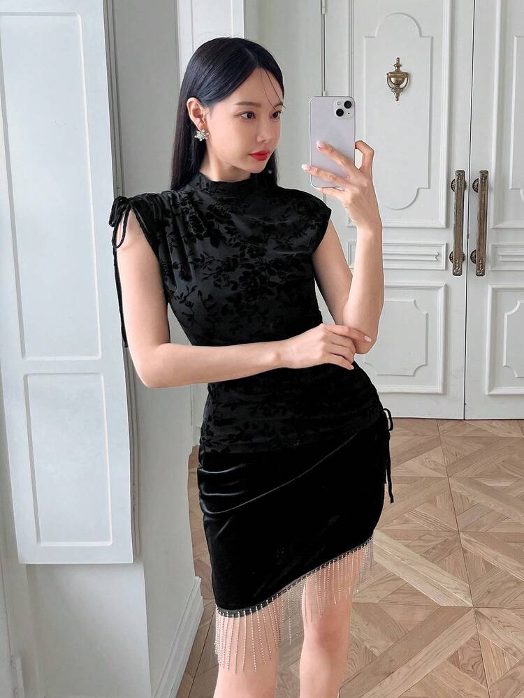 New Chinese Style Delicate Elegant Velvet Flower Fabric Drawstring Stand Collar Women's T-Shirt