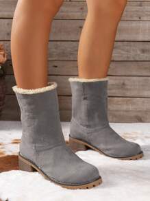 女士新款秋冬欧美中筒粗跟双面人造毛皮雪地靴，超大码 - 灰色 - 查看 3