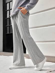 Manfinity Homme Pantalones Sueltos De Pierna Recta Con Cintura Con Cordón Para Hombres - Gris Claro - Ver 2