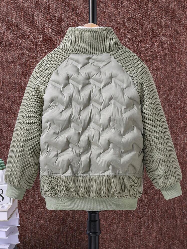 Toddler Girls' Thick Knitted Warm Zipper Coat With Quilted Panels