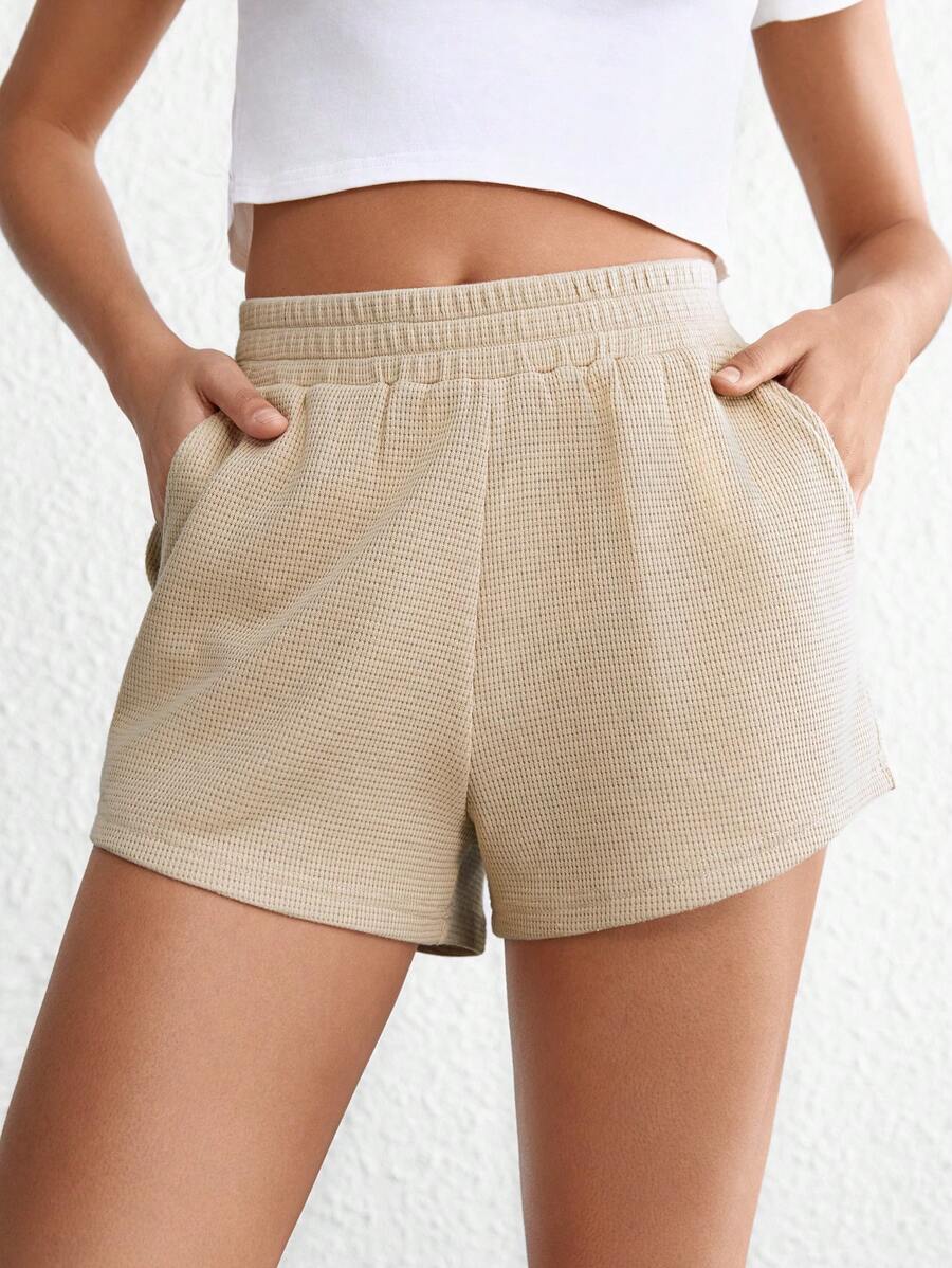Ocili Leisure Solid Slant Pocket Waffle Knit Lounge Shorts