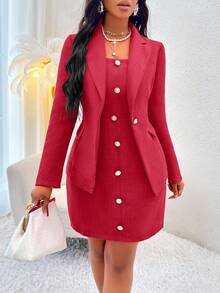 SHEIN Slayr 純色吊帶洋裝和單扣西裝外套 - 紅色 - 查看 4