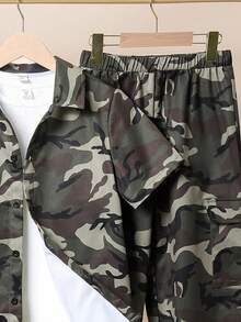 SHEIN 3pcs/Set Tween Boys' Loose Round Neck T-Shirt, Camo Shirt And Elastic Hem Long Pants Set - Army Green - View 6