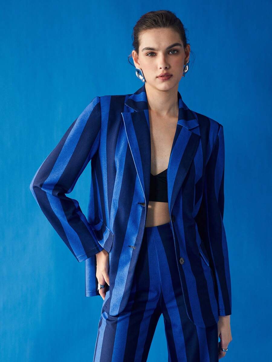 BizChic 條紋圖案前紐扣西裝外套 - 藍色 - 查看 1