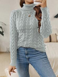 Calvaya Plus Turtleneck Cable Knit Sweater - Light Grey - View 3