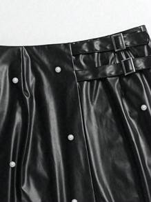 SHEIN Clasi 大碼假珍珠裝飾pu皮裙 - 黑色 - 查看 6