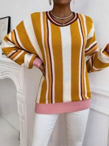 SHEIN LUNE Striped Pattern Batwing Sleeve Knit Pullover Fall Winter Sweater - Multicolor - View 4