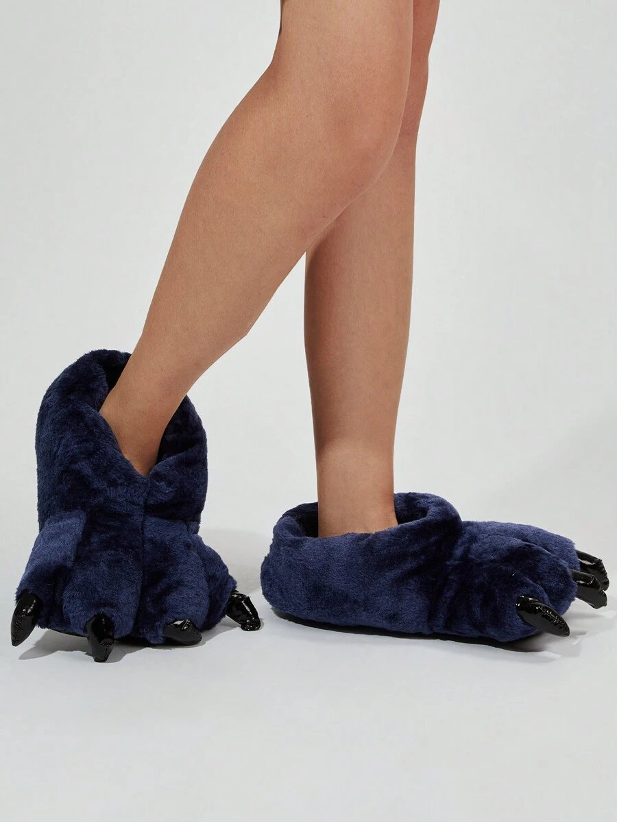 男士樂趣毛絨保暖爪平跟拖鞋,黑暗的藍色的,家庭靜音防滑鞋