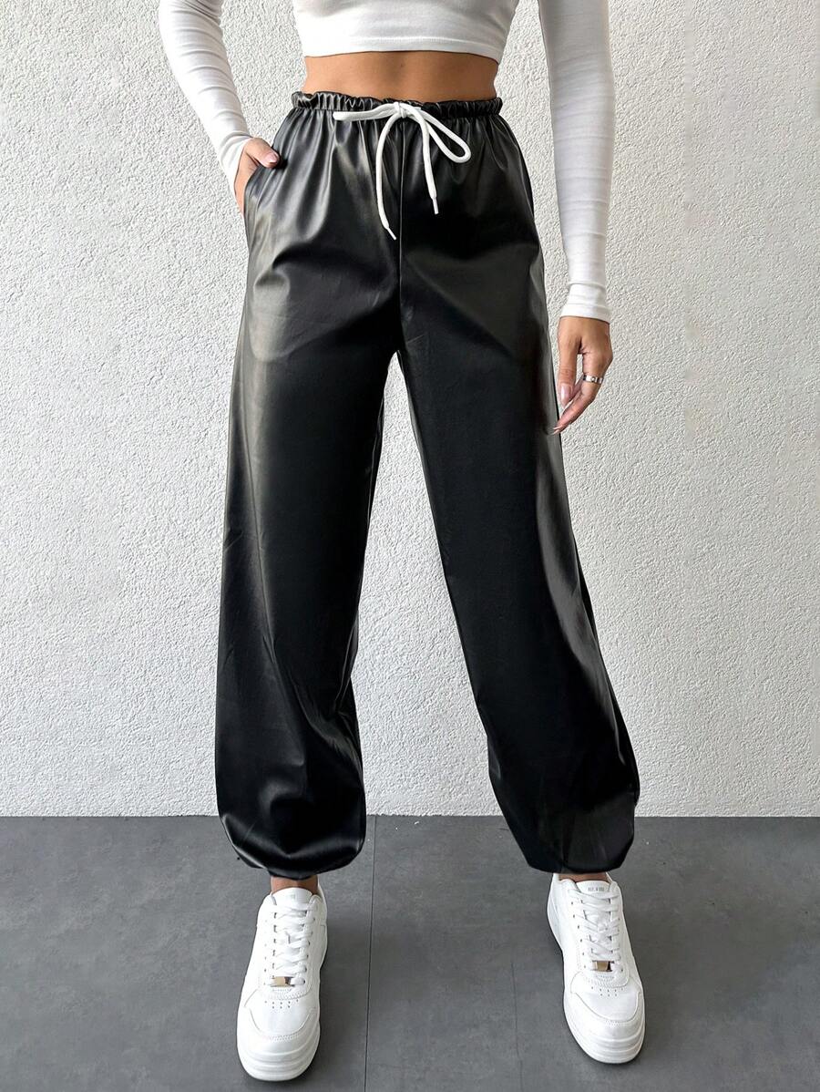 EURMUSE Drawstring Waist PU Pants - Black - View 1
