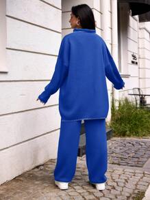 SHEIN Cottnline Women's Turn Down Collar Drop Shoulder Sweater And Sweater Pants Set - Blue - View 3