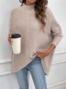 SHEIN LUNE 女式純色半高領蝙蝠袖不對稱下擺毛衣 - 駝色 - 查看 5