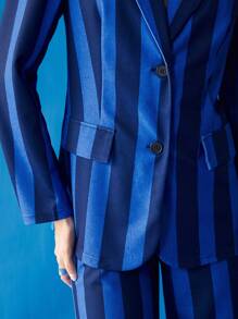 BizChic 條紋圖案前紐扣西裝外套 - 藍色 - 查看 4