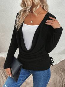 SHEIN LUNE Draped Collar Drawstring Side 2 In 1 Tee - Black - View 4