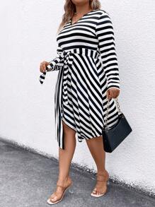 SHEIN LUNE Plus Striped Print Belted Dress - Black and White - View 7
