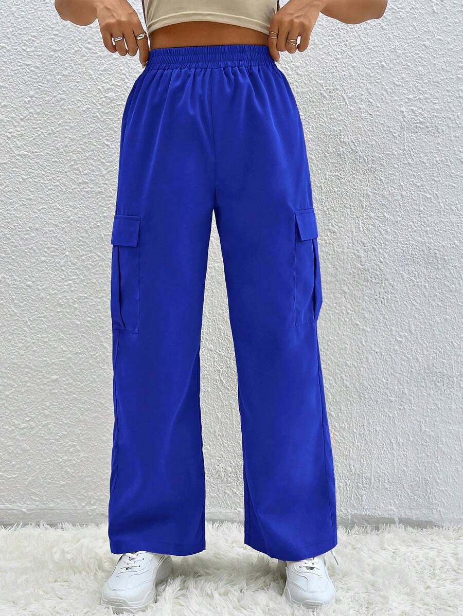 SHEIN PETITE Elastic Waist Flip Pocket Cargo Pants - Royal Blue - View 1