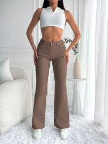 Cottnline Solid Flare Leg Jeans - Brown - View 5