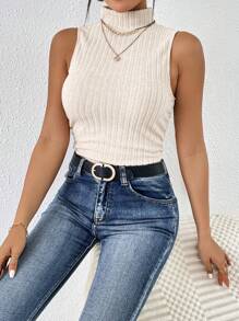 SHEIN Frenchy Mock Neck Ribbed Knit Tank Top - Apricot - View 1