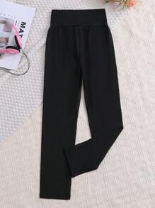 SHEIN 黑色高腰修身微喇叭女童內搭褲 - 黑色 - 查看 2