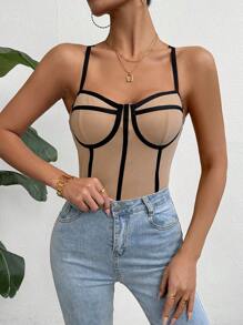 SHEIN Privé Women's Colorblock Cami Bodysuit With Binding Trim - Khaki - View 6