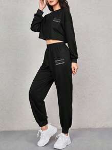 SHEIN EZwear Conjunto de sudadera con capucha y pantalones de chándal con gráfico de letra y hombros caídos