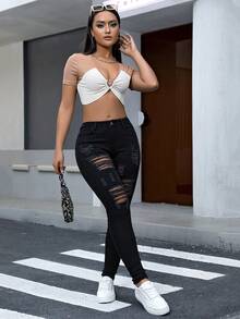 女士街頭性感緊身彈性褲 - 黑色 - 查看 5