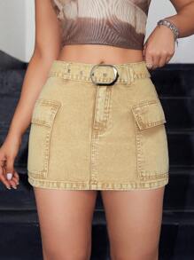 SHEIN EZwear Flap Pocket Belted Denim Skirt - Brown - View 1