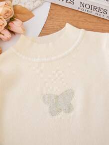 SHEIN Tween Girl Butterfly Pattern Mock Neck Sweater - Apricot - View 3