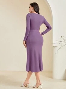 Modelyn Solid Color Belted Hollow Out Fish Tail Sweater Dress - Purple - View 2