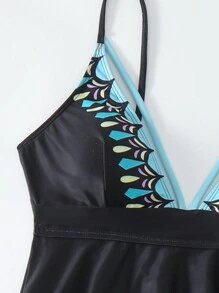 SHEIN Swim 夏季女式几何印花细肩带比基尼 - 黑色 - 查看 3