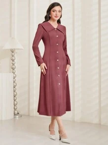 Modelyn 女裝純色翻領扣前洋裝 - 粉色 - 查看 6