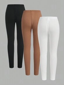 3入組青少女針織純色休閒緊身褲 - 彩色 - 查看 2