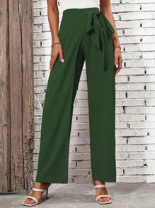 SHEIN Clasi Pantalones rectos unicolor con nudo lateral - Verde - Ver 5