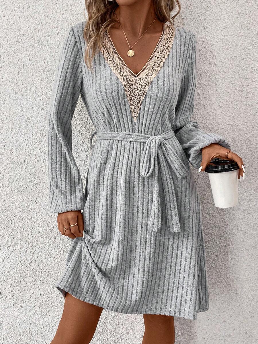 SHEIN Clasi Contrast Lace Lantern Sleeve Belted Dress - Grey - View 1