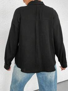 Flirla Hơn Chất rắn Thả vai Áo sơ mi - màu đen - Xem 2