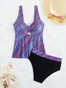 SHEIN Swim Summer Women's Random Printed Spaghetti Strap Tankini Set With High Waisted Bottom & Padded Bralette