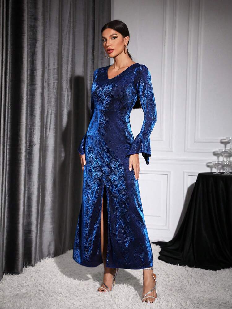 Flare Sleeve Split Thigh Velvet Dress