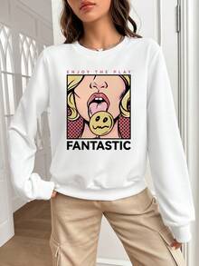 SHEIN Coolane Figure & Slogan Graphic Drop Shoulder Sweatshirt - White - View 3