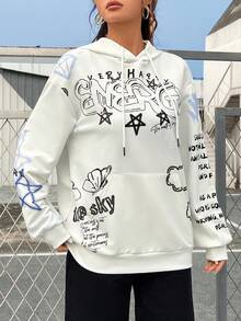 SHEIN EZwear 標語和卡通圖案袋鼠口袋落肩袖抽繩連帽衫 - 白色 - 查看 3