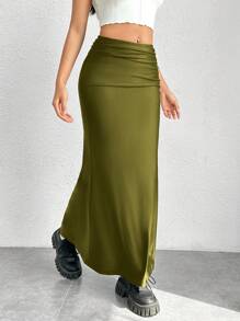 SHEIN EZwear Chất rắn Váy nàng tiên cá - xanh quân đội - Xem 3